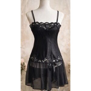Vintage Laura Faye Lingerie M Black Satin Bow Lace Slip Sheer Nightgown Made USA